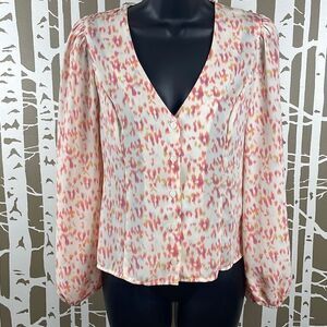 LUSH Pink Peach Yellow Pastel Leopard Print Button Front Blouse XS